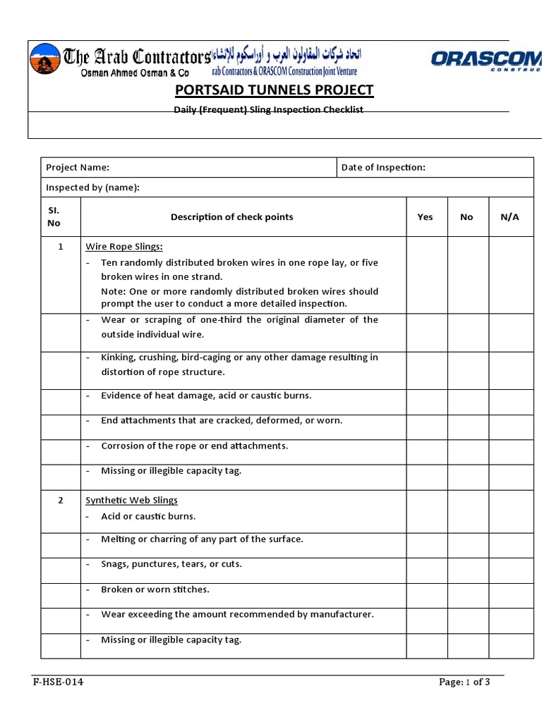 Daily Sling Inspection Checklist | PDF | Rope | Wire