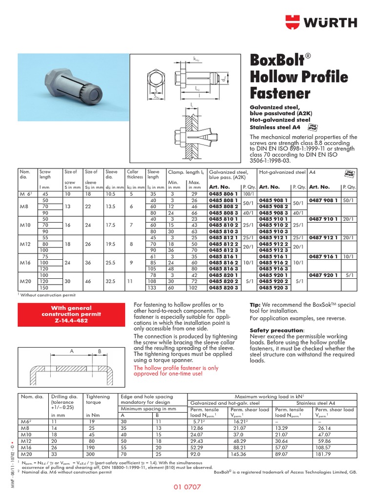 Boxbolt Hollow Profile Fastener: Galvanized Steel, Blue Passivated (A2K ...