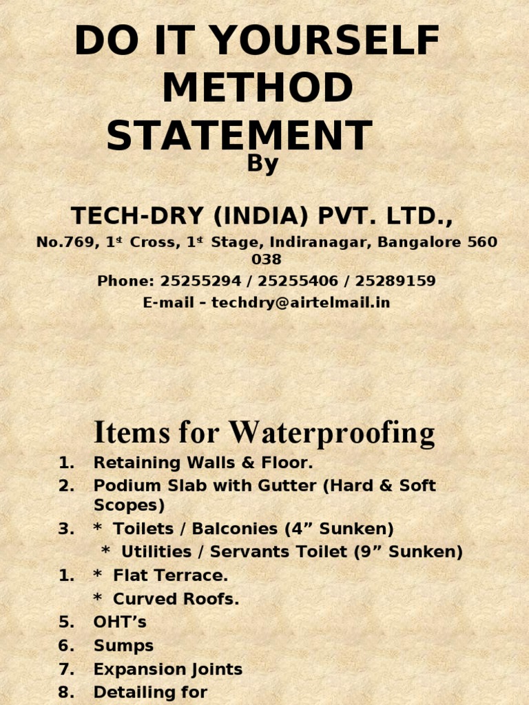Toilet Waterproofing Method Statement | PDF | Concrete | Mortar (Masonry)