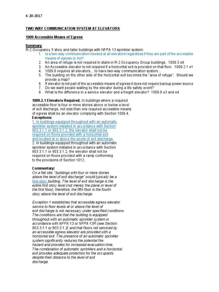 Two Way Communication System at Elevators 1009 Accessible Means of