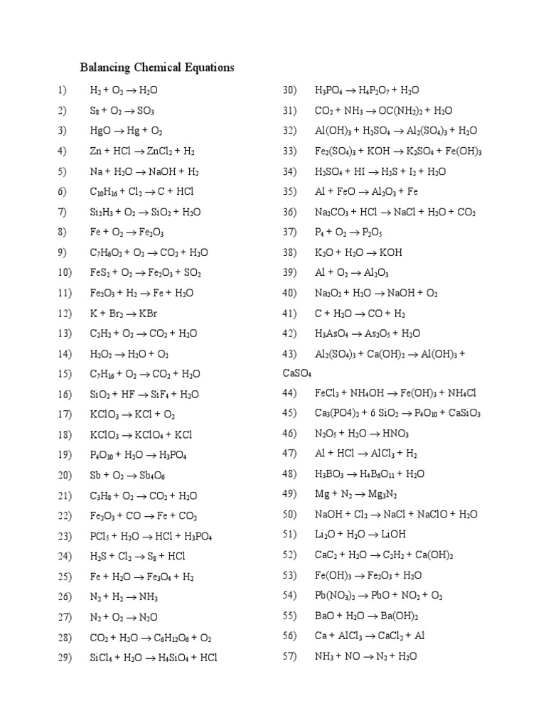 Balancing Chemical Equations PROBLEM SETS | PDF | Tecnología