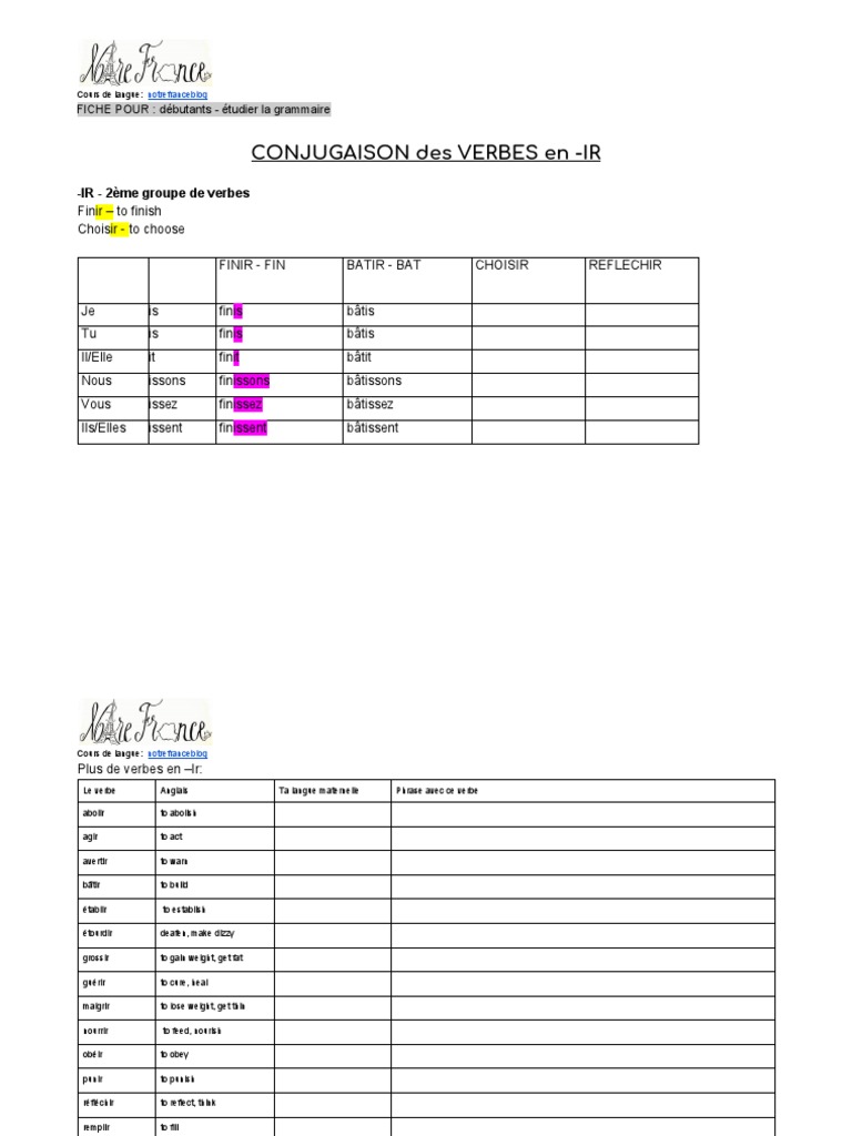 Conjugaison des verbes en -IR | PDF