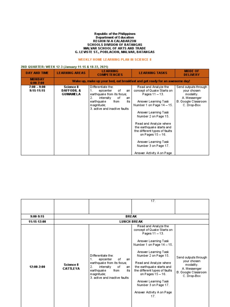 Weekly Science 8 Learning Plan | PDF | Earthquakes | Geophysics