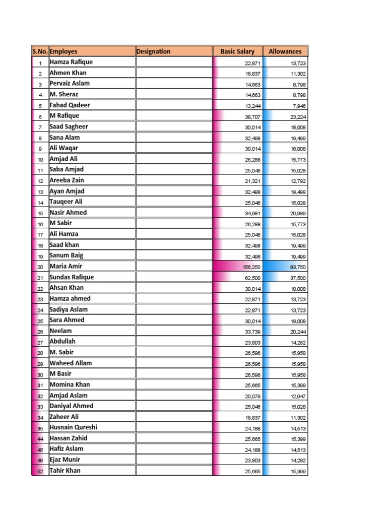 Monthly Salary Report of Employees of ABC Company Highlighting