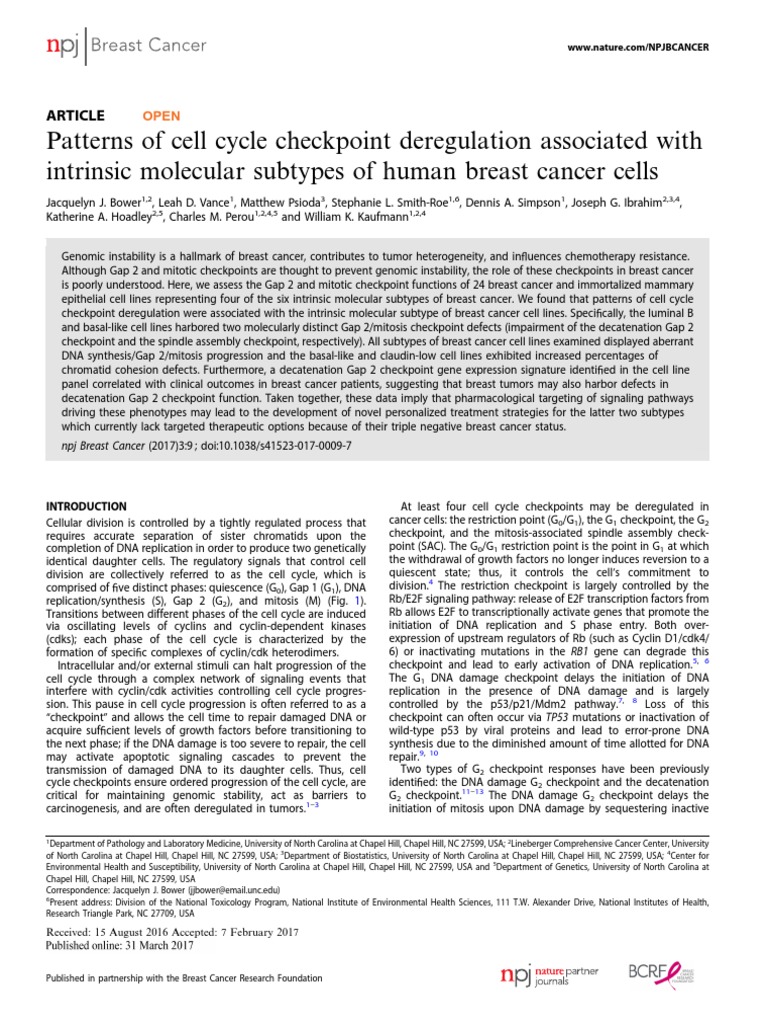 Patterns of Cell Cycle Checkpoint Deregulation Associated With