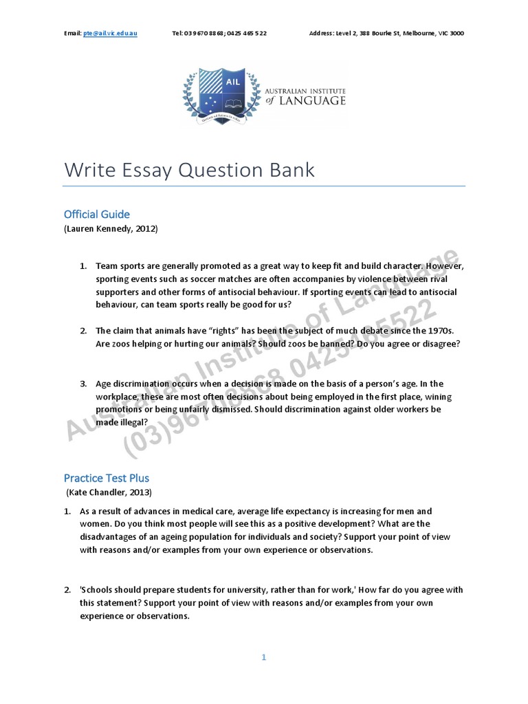 Write Essay Question Bank: Official Guide | PDF | Experience | Reason