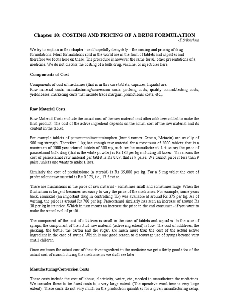 Drug Formulation Costing and Pricing | PDF | Tablet (Pharmacy) | Excise