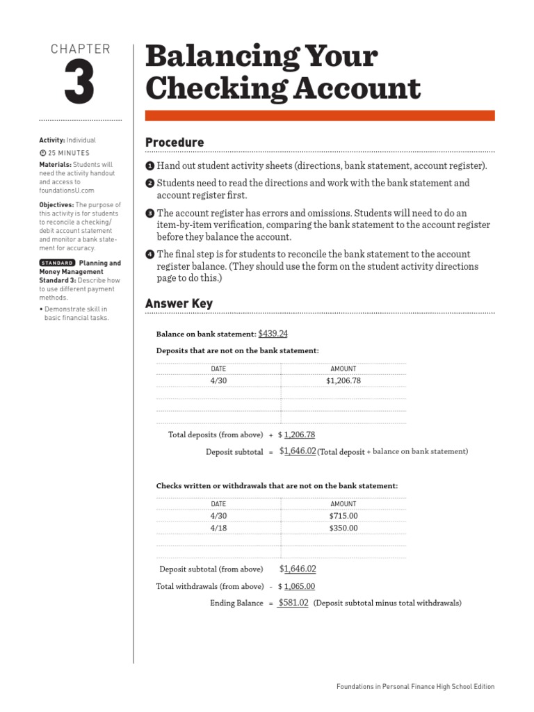 Activity Balancing Your Checking Account | PDF | Deposit Account |  Transaction Account