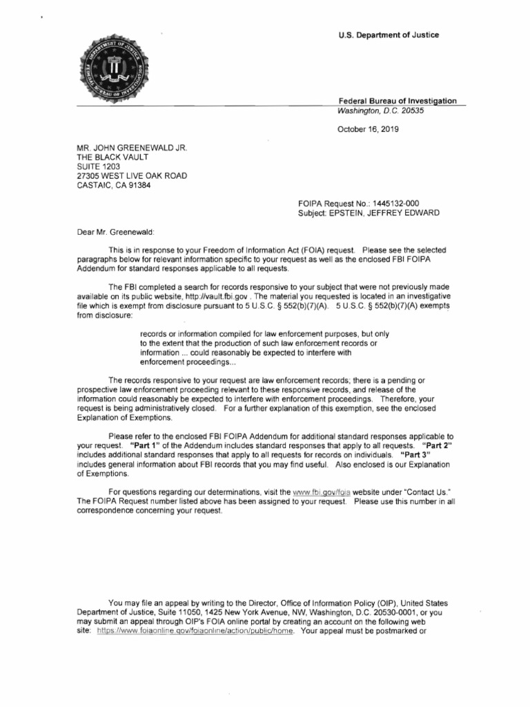 FOIA Response on Jeffrey Epstein Records | PDF | Freedom Of Information ...