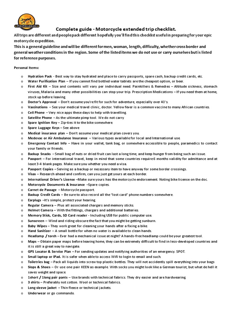 Complete Guide - Motorcycle Extended Trip Checklist | PDF | Tent | Sock