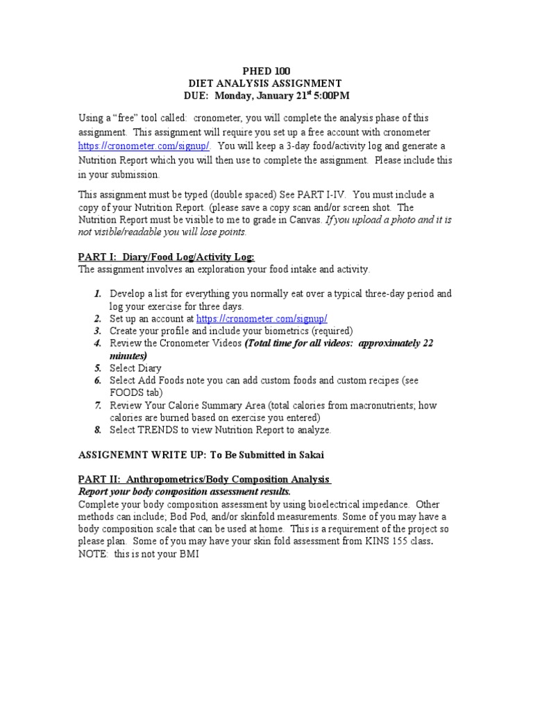 PHED 100 Diet Analysis Assignment DUE: Monday, January 21 5:00PM | PDF ...