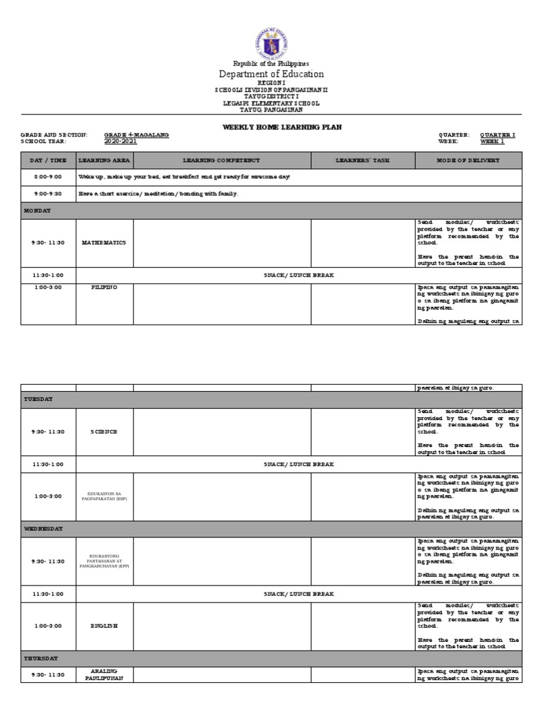 Grade 4 Weekly Home Learning Plan | PDF | Education Theory | Teaching