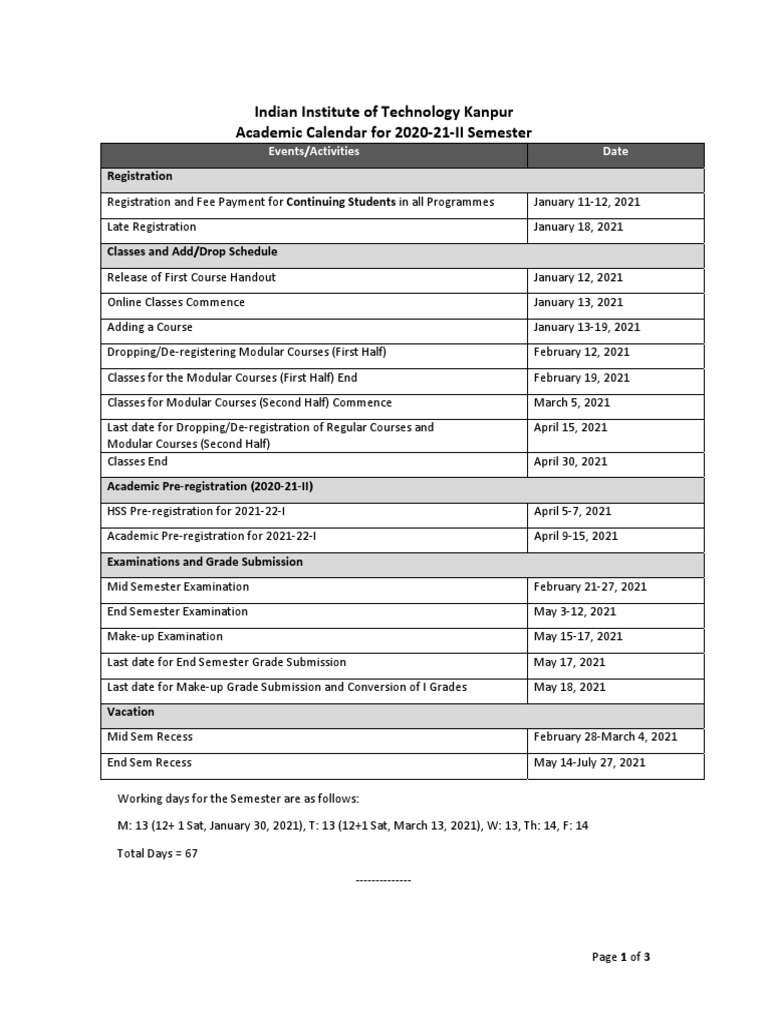 Indian Institute of Technology Kanpur Academic Calendar For 2020 21 II