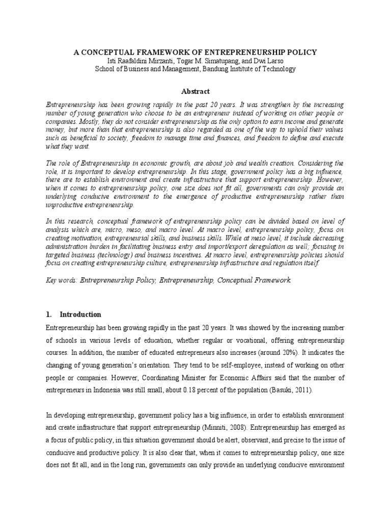 A Conceptual Framework of Entrepreneurship Policy | PDF ...