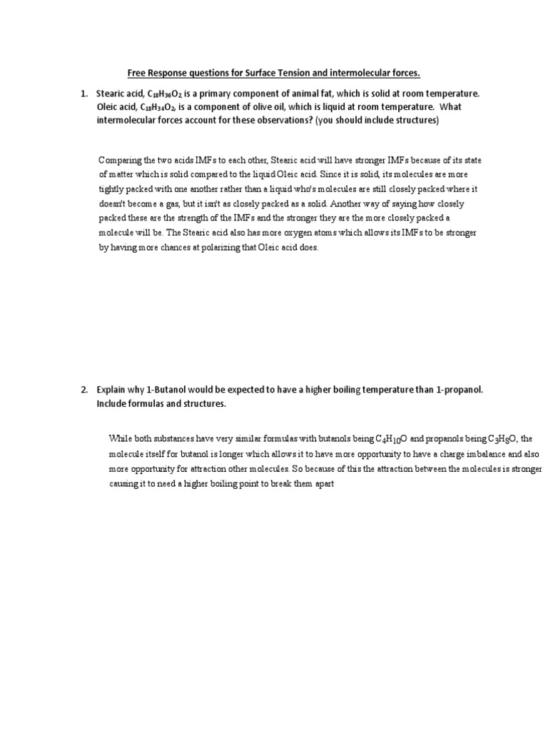 Kami Export Free Response Questions For Surface Tension and