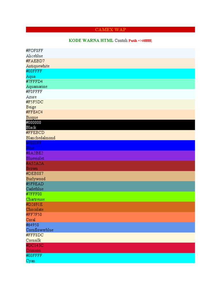 Camex Wap: Kode Warna HTML | PDF | Home & Garden