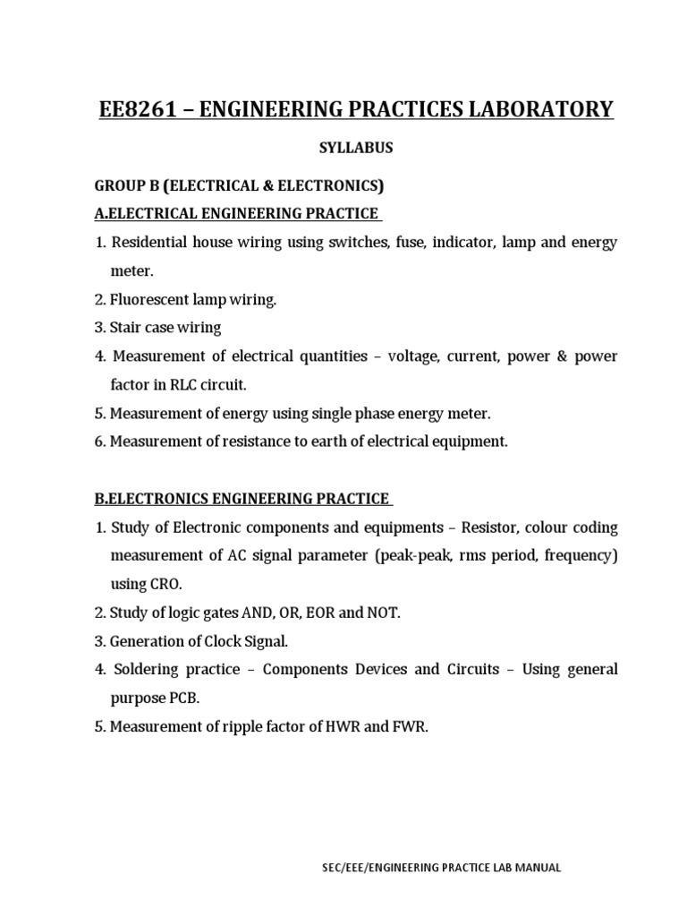 Ee8261 - Engineering Practices Laboratory: Syllabus Group B (Electrical ...