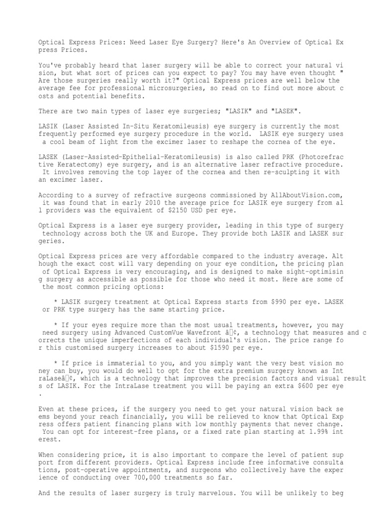 Optical Express Prices Need Laser Eye Surgery? Here's An Overview of