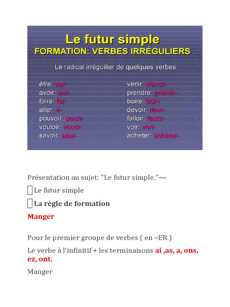 Conjugaison Du Verbe Manger Au Passé Simple Futur Simple | PDF