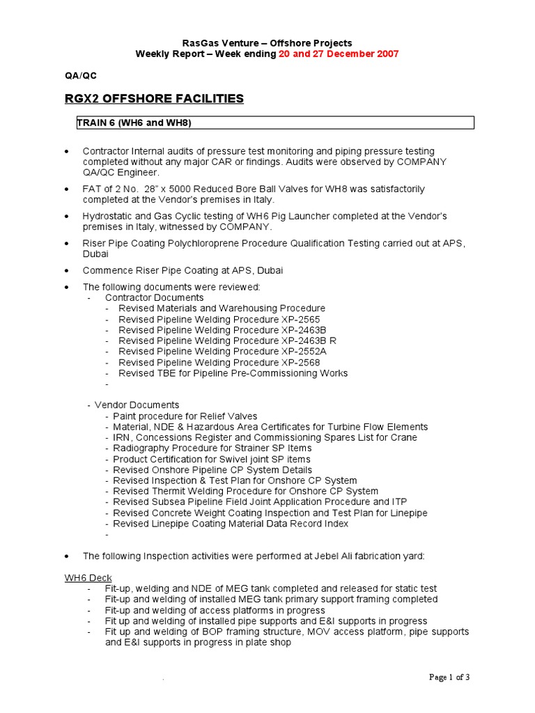 RasGas Offshore Projects Weekly Report | PDF | Pipeline Transport ...