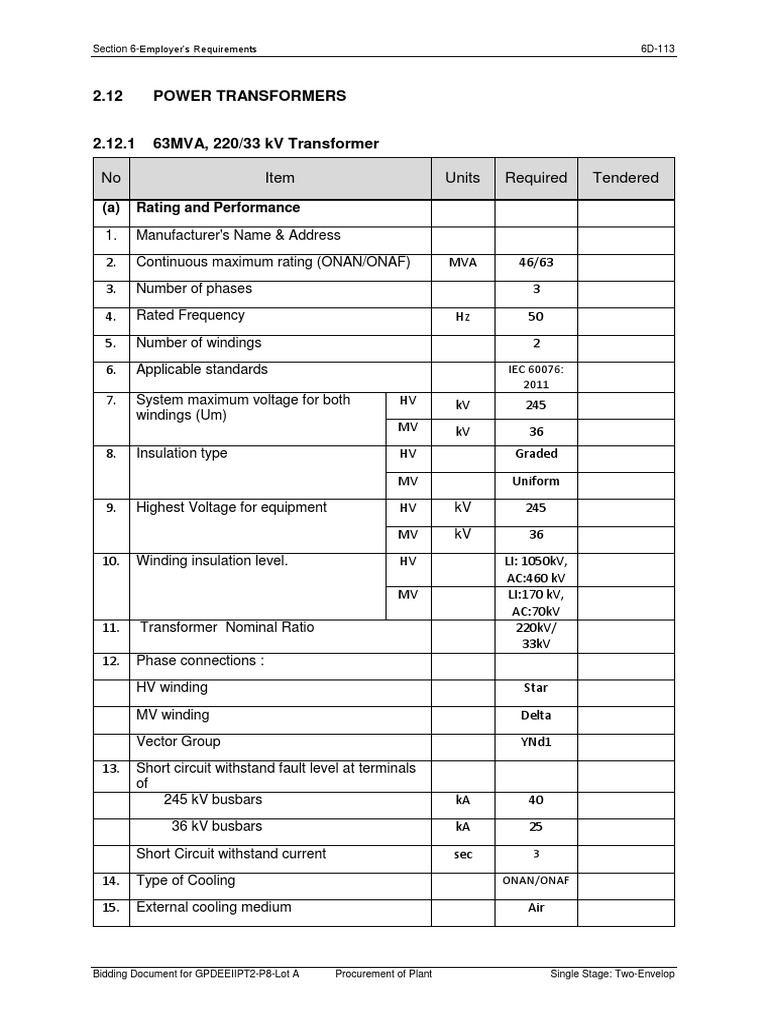 Power Transformer Specifications for Bidding | PDF | Transformer ...