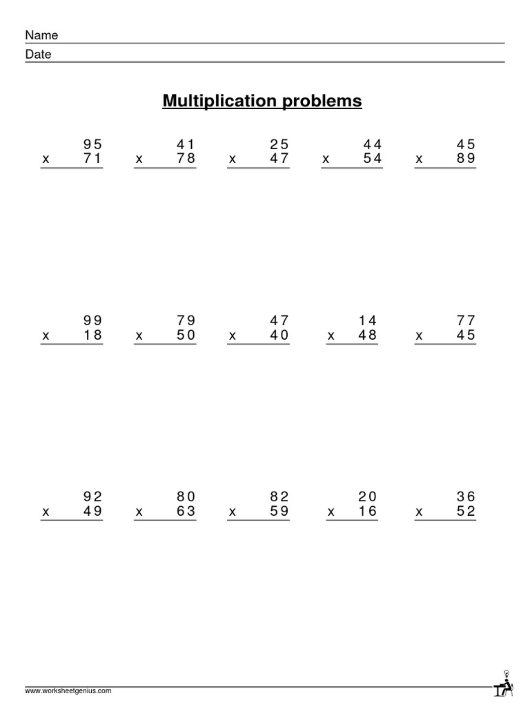 Multiplication Problems: 9 5 X 7 1 4 1 X 7 8 2 5 X 4 7 4 4 X 5 4 4 5 X ...