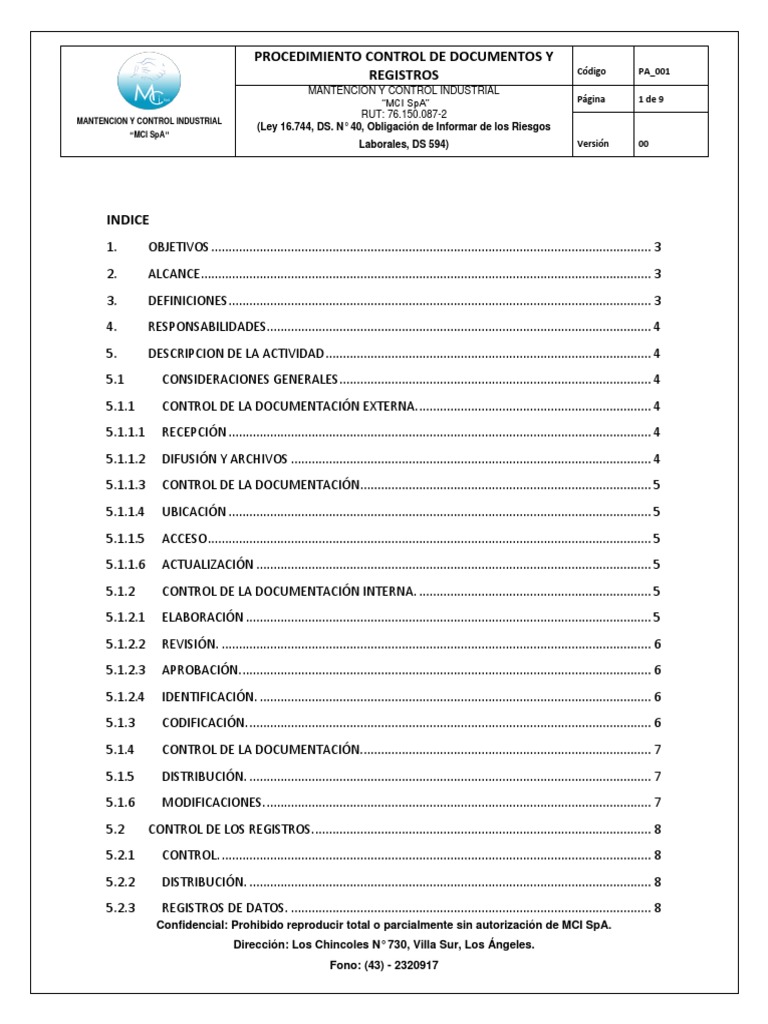Pa001 - Procedimiento Control de Documentos y Registros Rev.00 | PDF ...
