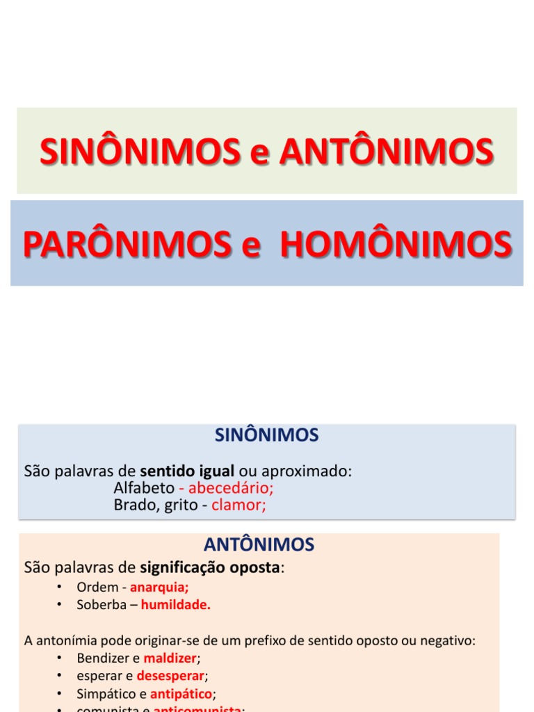Teoria - Sinônimos Antonimo Paronimo e Homonimo | PDF | Interpretação ...