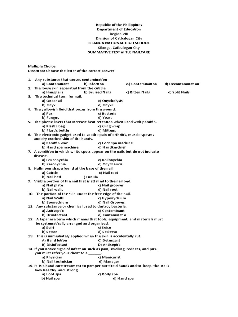 Summative Test in TLE Nailcare Multiple Choice Questions on Nail Technology Concepts and