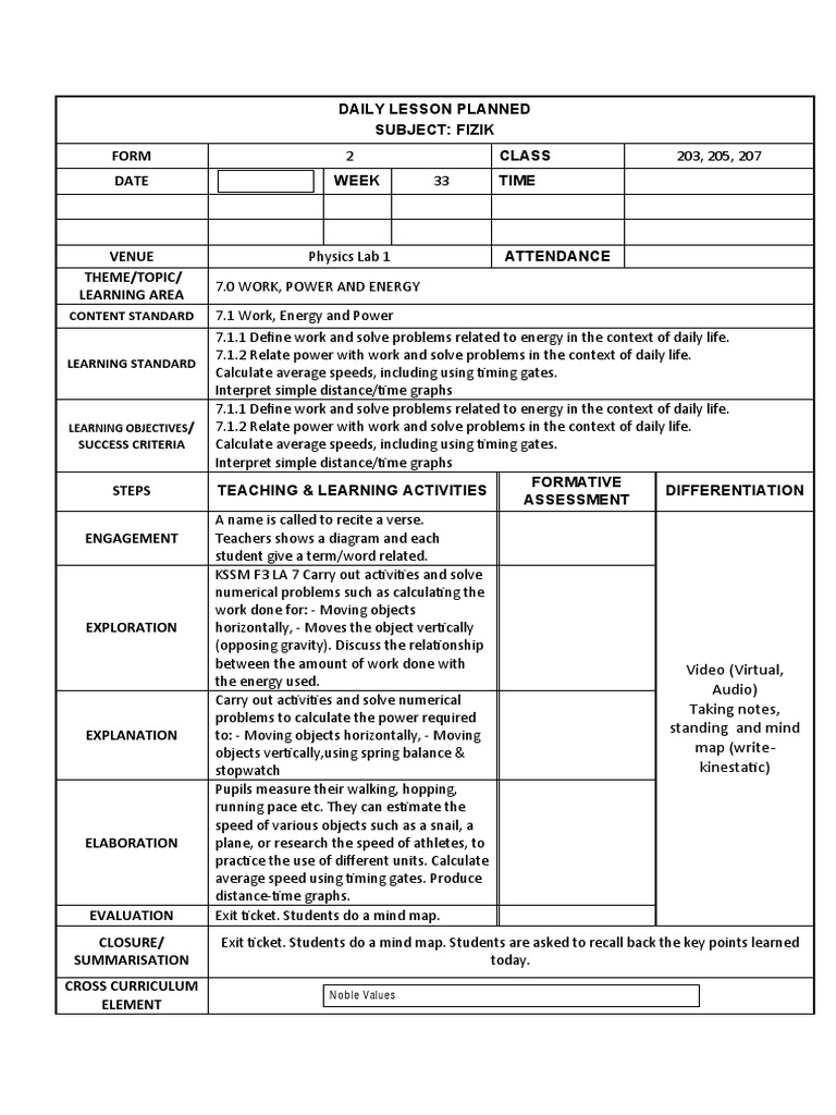 RPH F2 Work Energy and Power | PDF | Lesson Plan | Education Theory