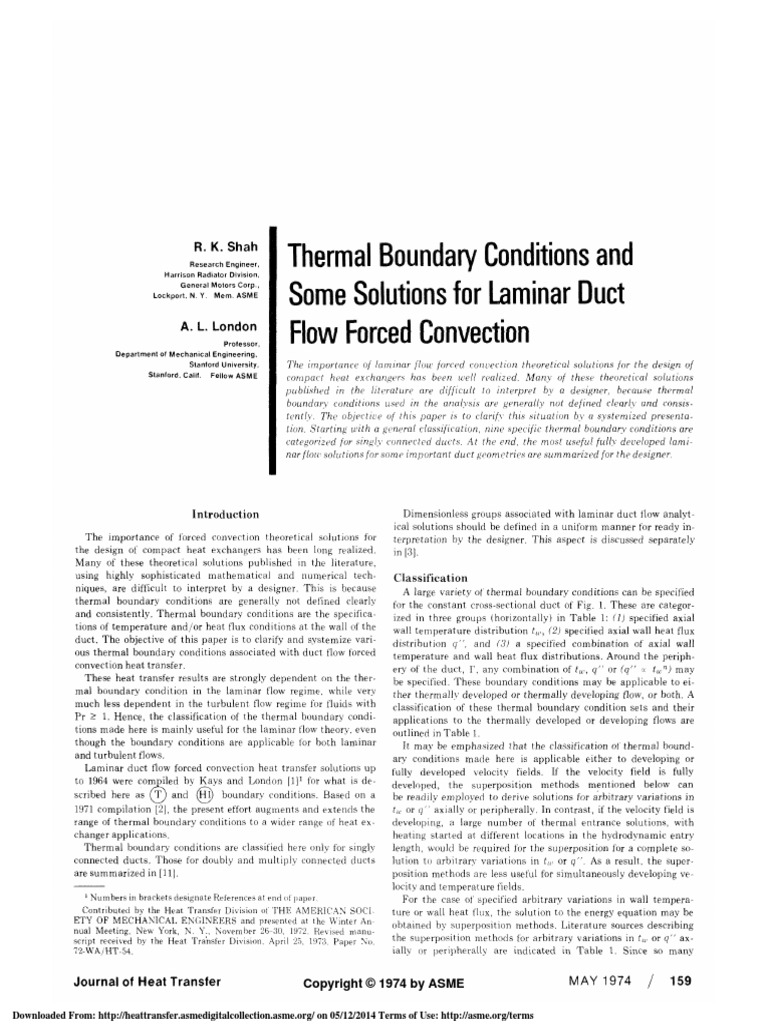 Thermal Boundary Conditions and Some Solutions For Laminar Duct Flow