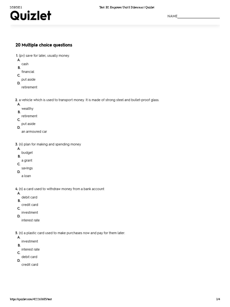 Test B2 Empower Unit 8 Dilemmas Quizlet 2 PDF Loans Credit
