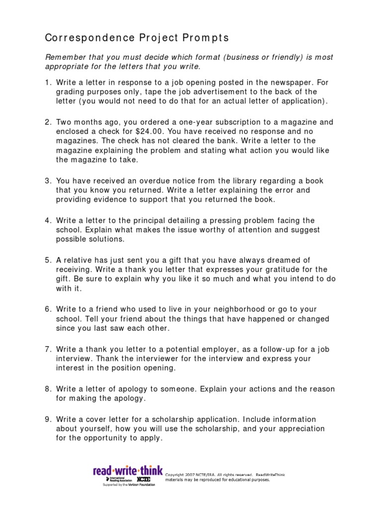 Correspondence Project Prompts PDF