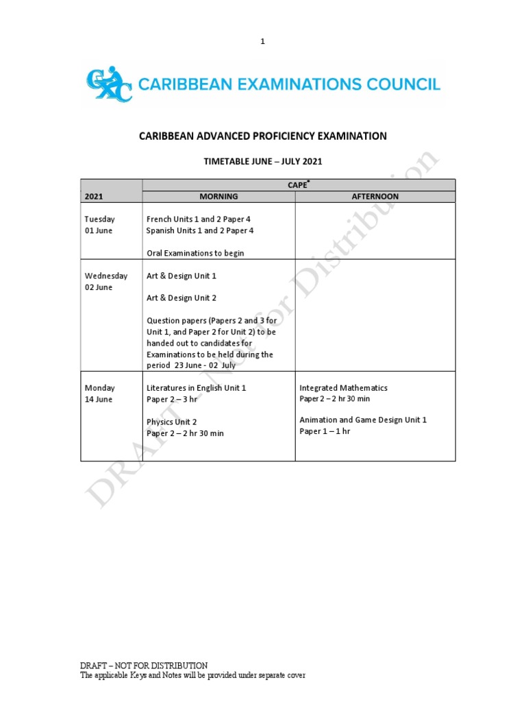 CAPE Exam Timetable June-July 2021 | PDF | Applied Mathematics ...