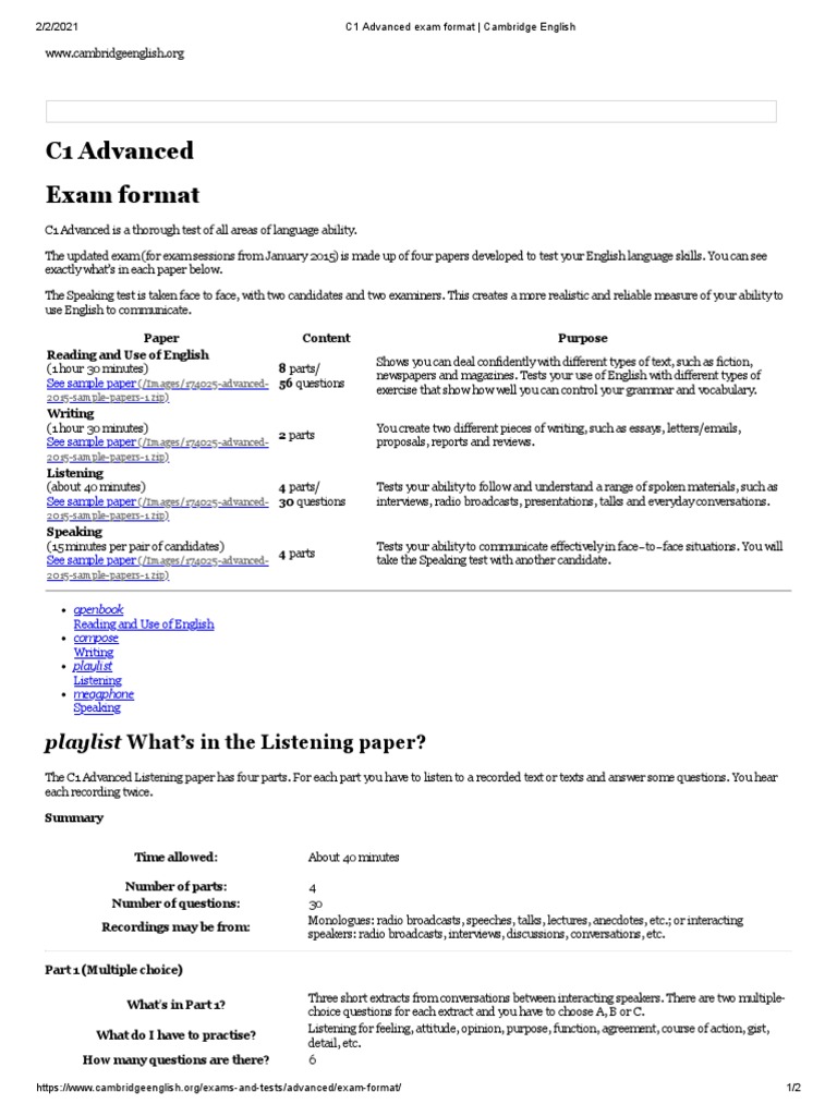 C1 Advanced Exam Format: Playlist What's in The Listening Paper? | PDF ...