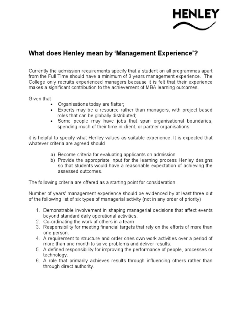 Defining Management Experience Criteria | PDF | University And College ...