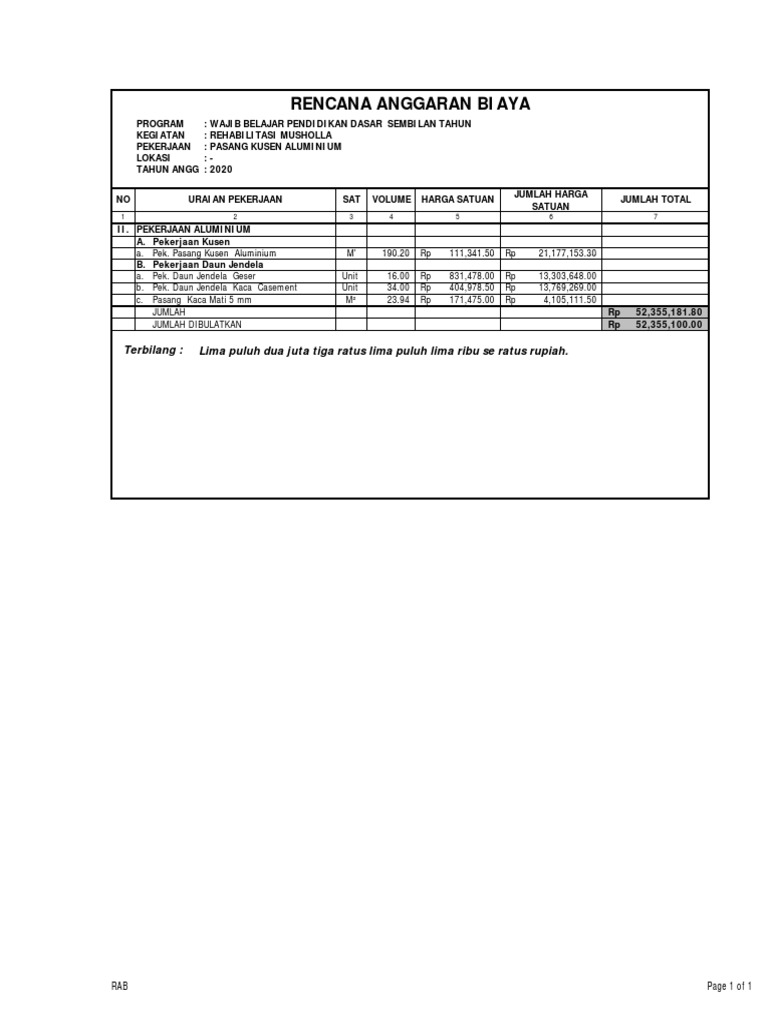 RAB Pekerjaan Kusen Aluminium 2020 | PDF