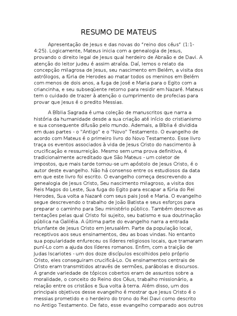 Resumo de Mateus Evangelho de Mateus Evangelhos