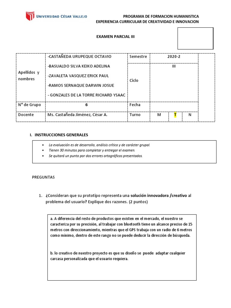 Examen de Creatividad e Innovación 2020-2 | PDF