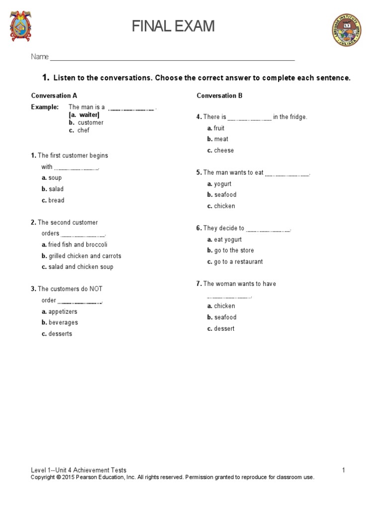 Final Exam - Basic Level | PDF | Salad | Meal