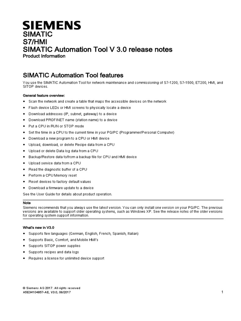 Simatic S7/HMI SIMATIC Automation Tool V 3.0 Release Notes | PDF ...