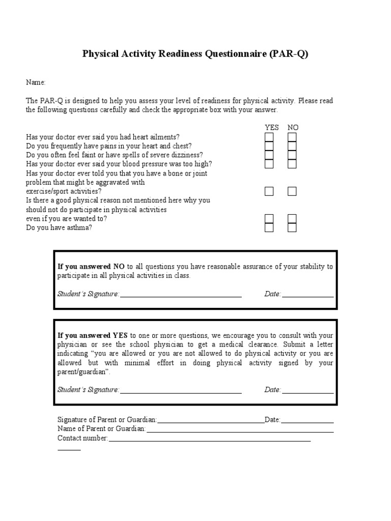 Physical Activity Readiness Questionnaire (PAR-Q) | PDF | Sleep ...