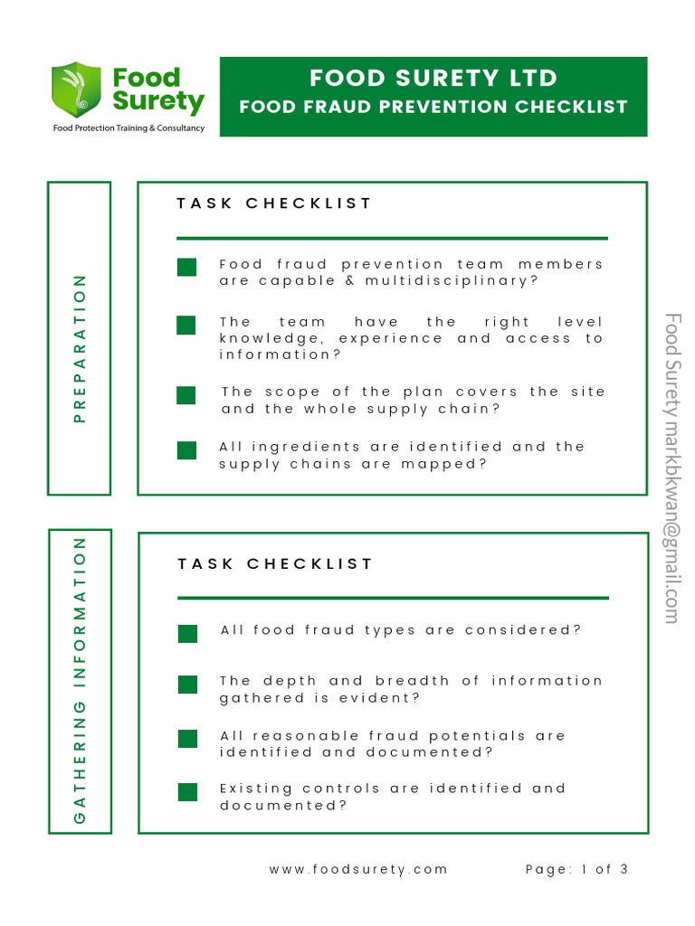 Food Surety Food Fraud Prevention Checklist (3p) PDF Emergency
