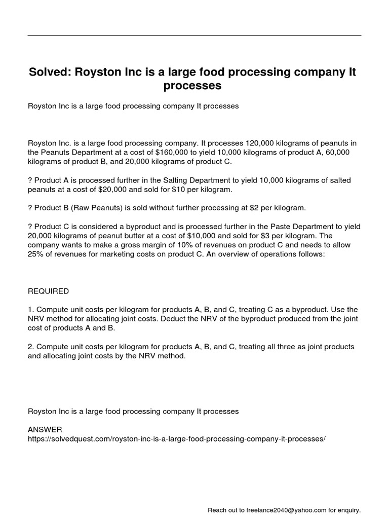 Royston Inc Is A Large Food Processing Company It Processes PDF