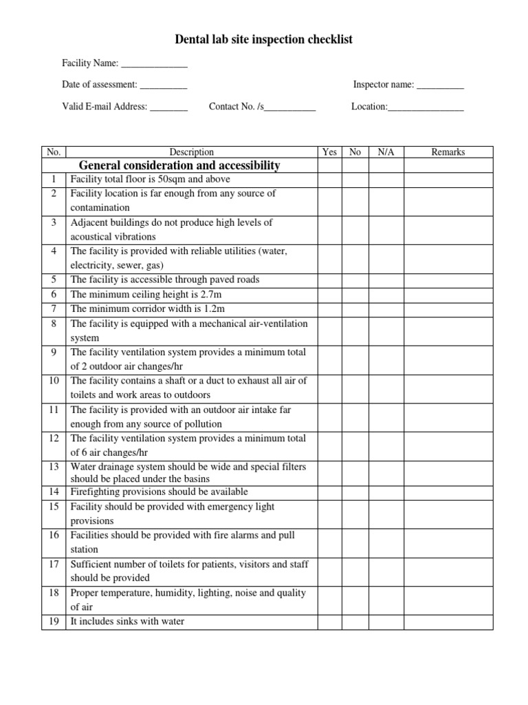 Dental Lab Site Inspection Checklist | PDF | Laboratories | Ventilation ...
