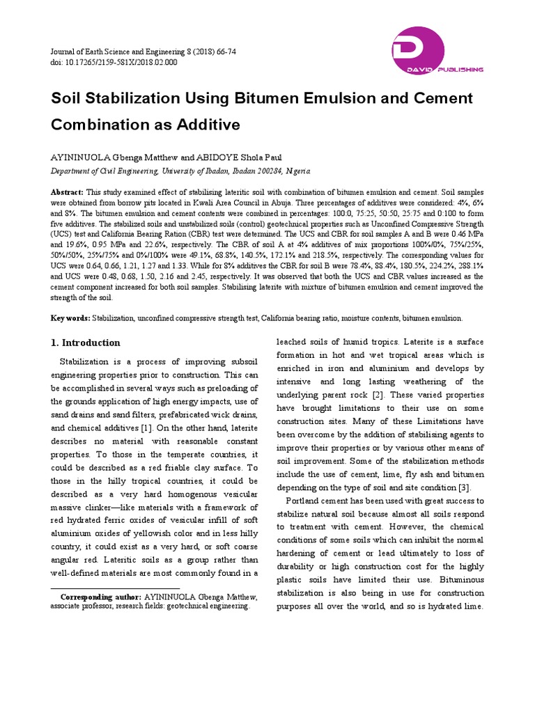 Soil Stabilization Using Bitumen Emulsion and Cement | PDF | Asphalt ...