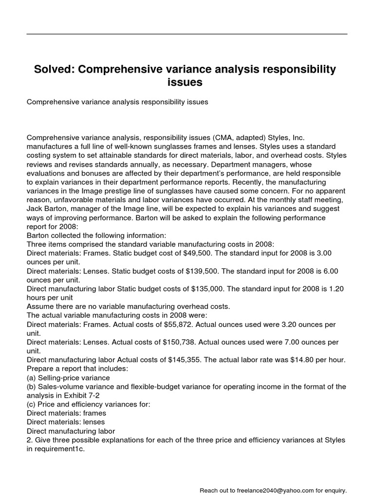 Variance Analysis for Sunglasses Production | PDF