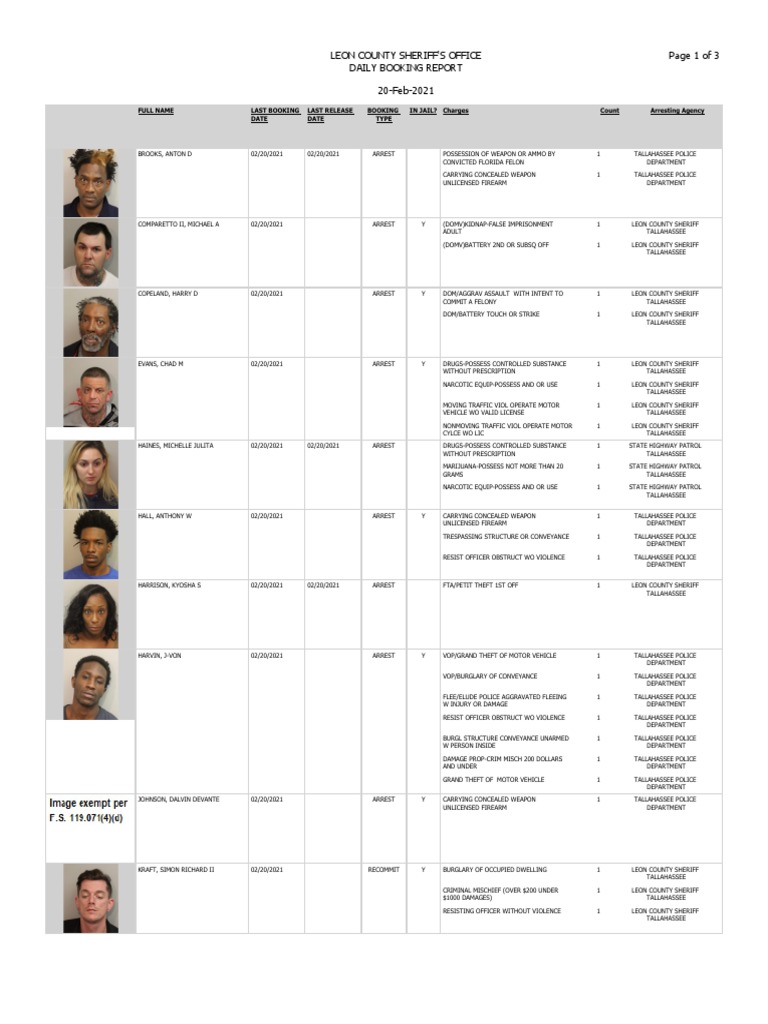 Leon County Booking Report Feb. 21, 2021 PDF Driving Under The