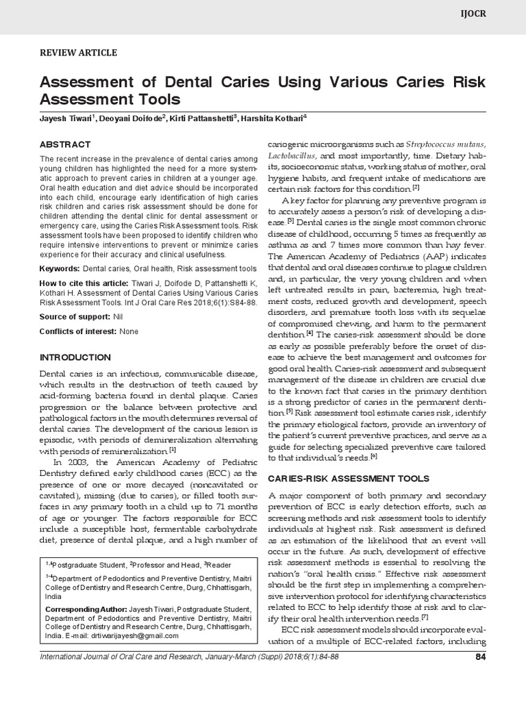 Assessment of Dental Caries Using Various Caries Risk Assessment Tools ...