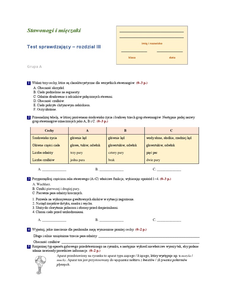 Test Z Biologii Klasa 6 Dział 3